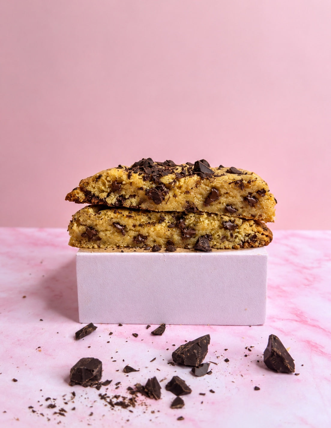 Cookie chocolat noir ouvert sur fond rose poudré