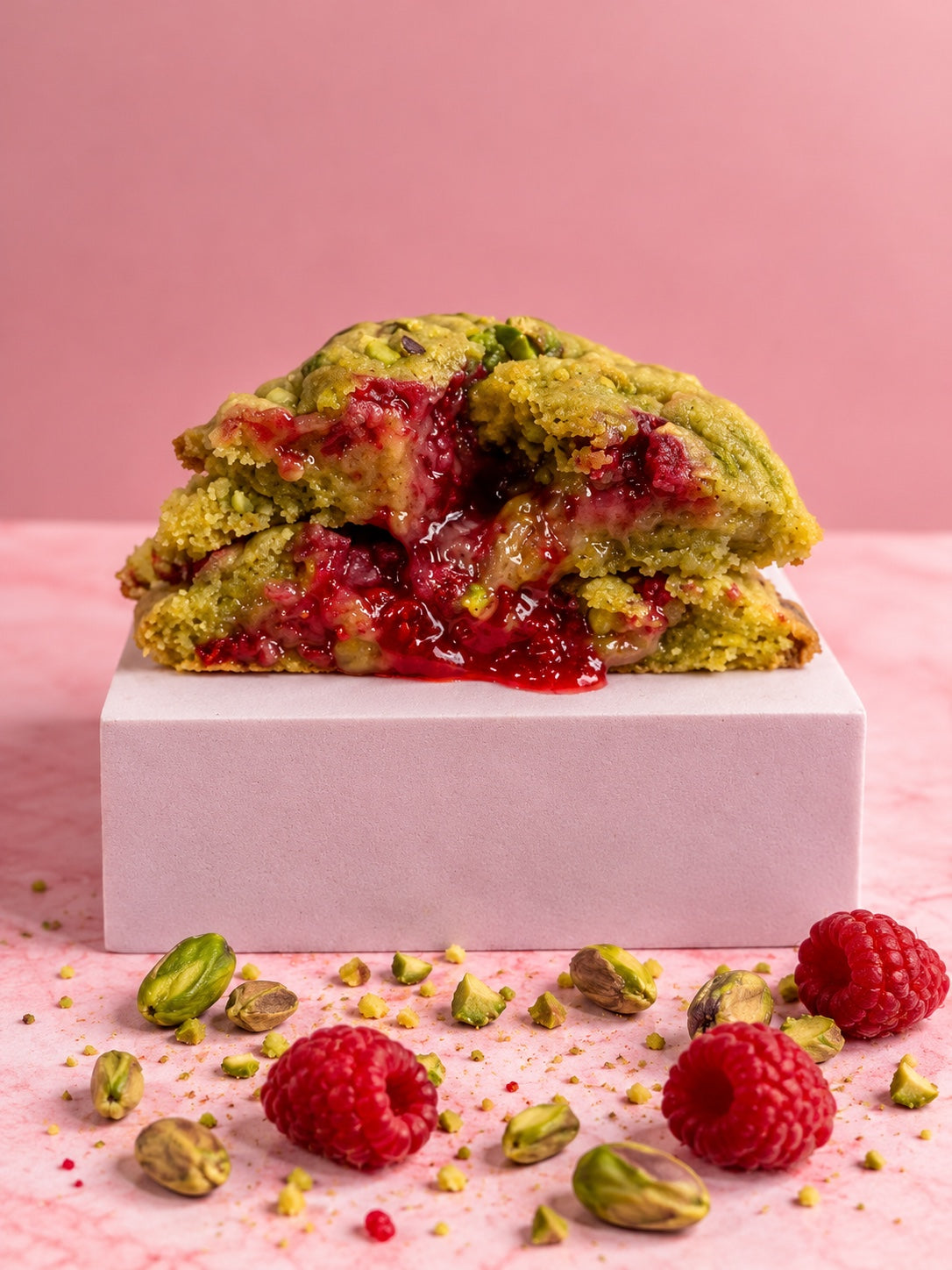 Cookie framboise et pistache ouvert, cœur framboise